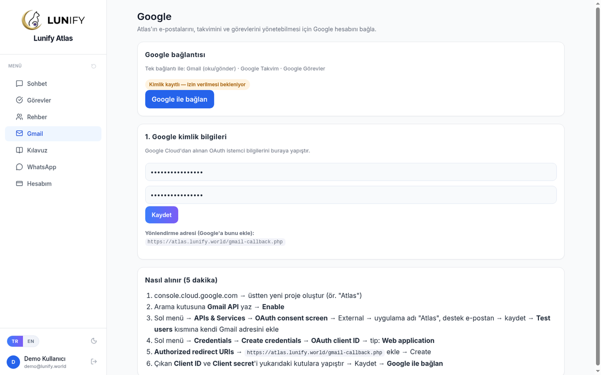 Google bağlantısı: tek izinle Gmail, Takvim ve Görevler açılır.
